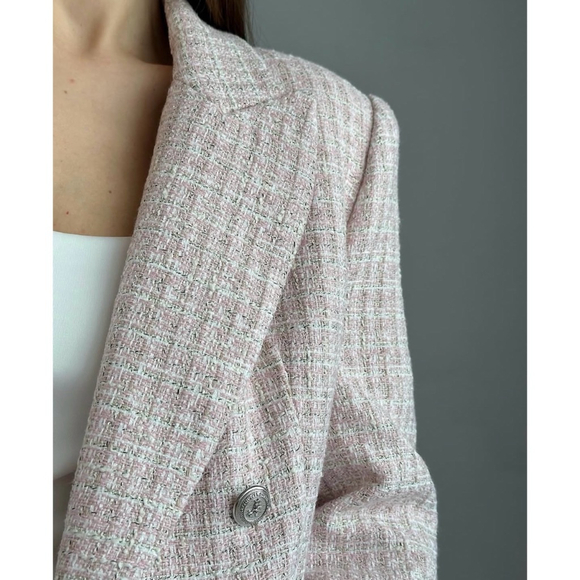 Zara Pink & Silver Tweed Blazer Double Breasted Tailored Jacket Size L NWT - Picture 3 of 14